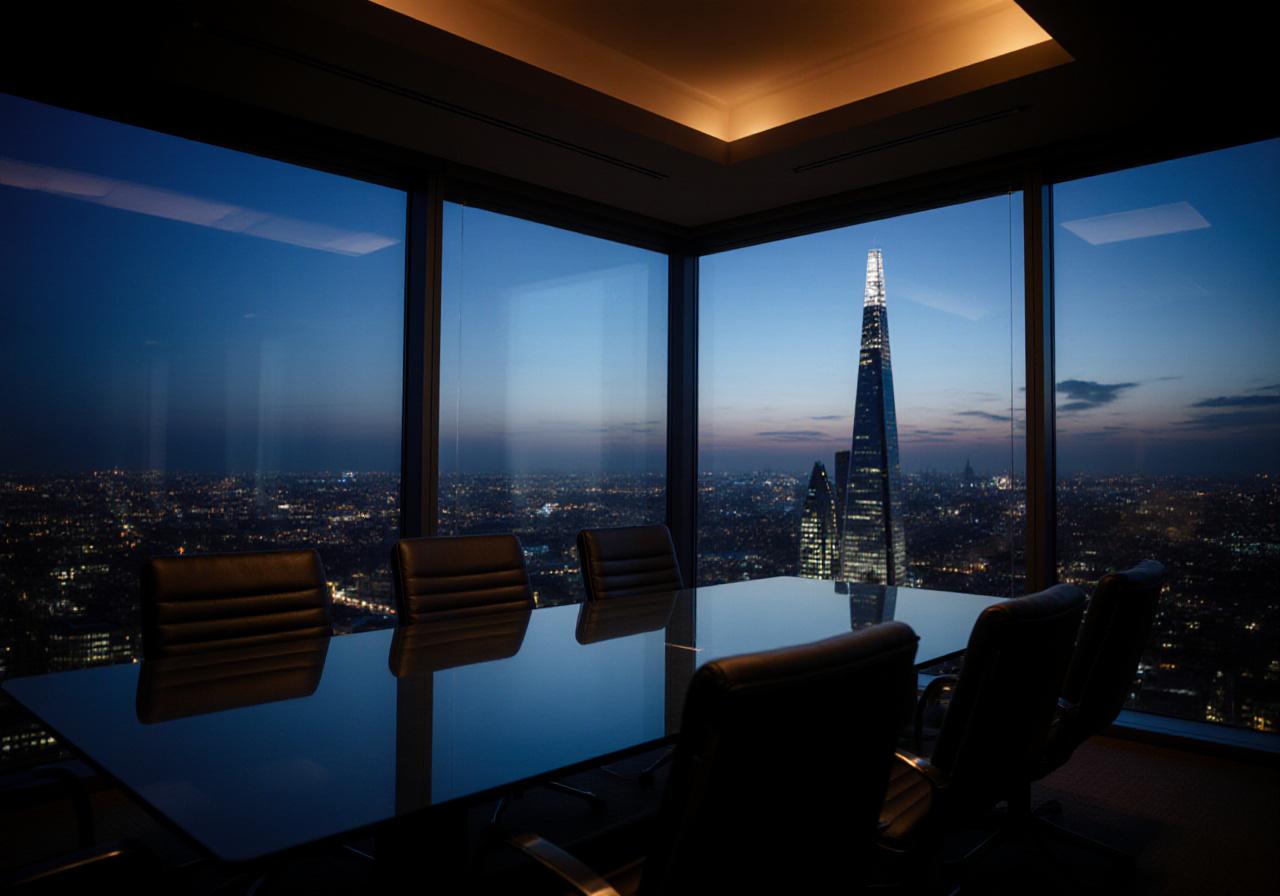 Modern boardroom overlooking London skyline