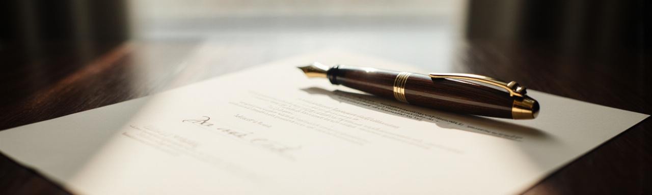 Close up of legal documents and a fountain pen on a mahogany desk
